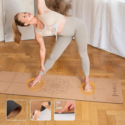 Tapet yoga HMS YM11, TPE dhe tapë, me rrip bartjeje, ngjyrë natyrale