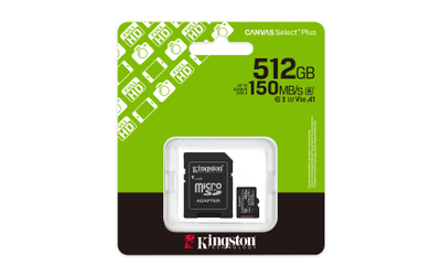 Мемориска картичка microSDXC Kingston Canvas Select Plus, 512GB, A1 V30, со адаптер, црна