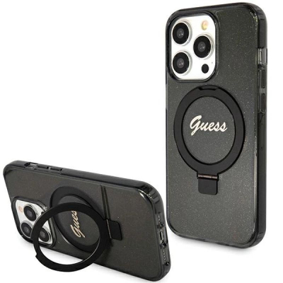 Futrollë Guess GUHMP15XHRSGSK për iPhone 15 Pro Max, MagSafe, me bazament unazë, e zezë