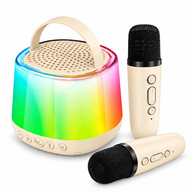 Altoparlant karaoke Xrec K29, Bluetooth, RGB LED, 2 mikrofona pa kabllo, 5W, bezhë