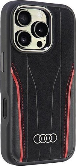Mbulesë telefoni Audi Genuine Leather Hardcase, MagSafe, për iPhone 16 Pro 6.3", e zezë e kuqe