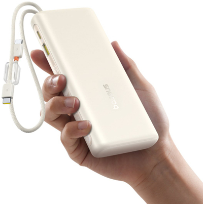 Power bank Baseus Digital Display, 20000mAh, 100W, kabllo të integruara USB C, i bardhë