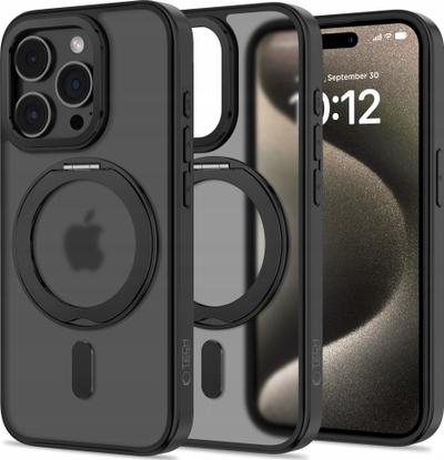 Këllëf telefoni Tech-Protect Magring MagSafe për iPhone 15 Pro, me stand që rrotullohet 360°, i zi mat