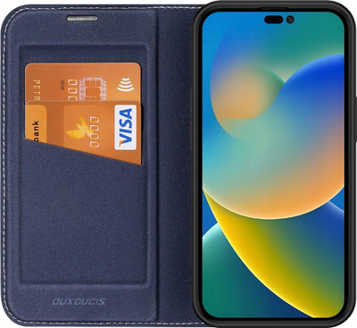 Mbulesë mbrojtëse Dux Ducis Skin X2 për iPhone 14 Pro, lëkurë PU, me këmbëz për mbajtje pezull, blu