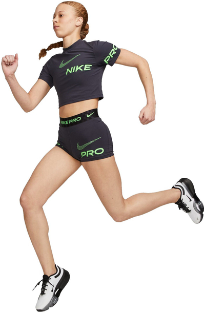 Shorce trajnimi Nike Pro Dri Fit Graphic Mid Rise për femra, material elastik, teknologji Dri Fit, blu e errët
