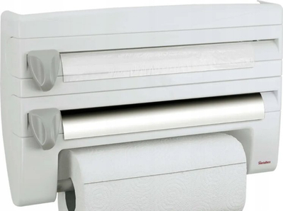 Dispenser muri Metaltex Roll n Roll, për 3 role, me thika për prerje, i bardhë