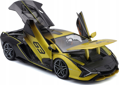 Maket makine Bburago Lamborghini Sian FPK37 Hybrid #63, shkalla 1:18, die-cast, i zi me të verdhë