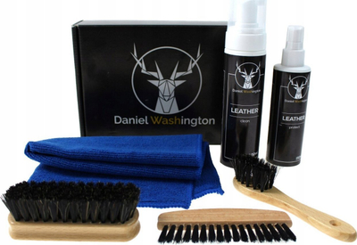 Set për pastrim lëkure Daniel Washington Leather, clean edhe protect, me furça edhe peshqir mikrofiber, i zi