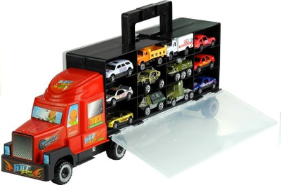 Set lodrash Leantoys Truck, kamion me valixhe, 12 makina të vogla, i kuq