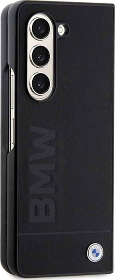 Kapak telefoni BMW Signature Logo Imprint për Samsung Galaxy Z Fold5, lëkurë e vërtetë, i zi