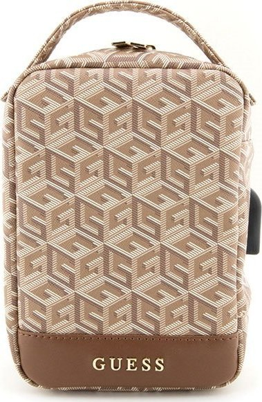 Чанта за во рака Guess GCube Stripe, синтетичка кожа, со USB порта, кафеава