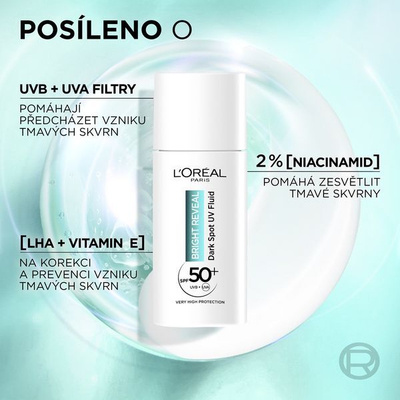 Lëng për mbrojtje ndaj diellit L´Oréal Paris Daily Anti-UV Fluid Against Dark Spots Bright Reveal SPF 50+, 50 ml