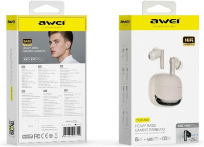 Kufjet Awei TA19 ANC, Bluetooth 6.0, TWS, me stacion mbushës, bezhë