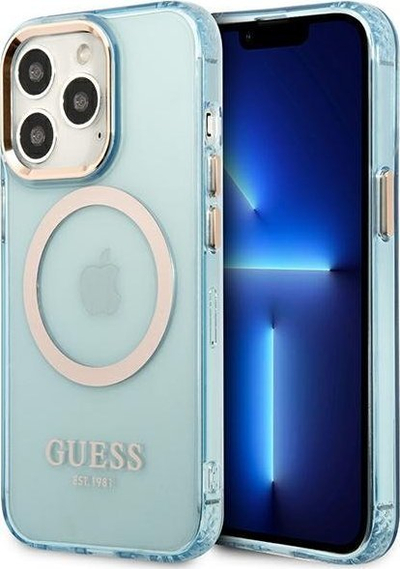 Kapak telefoni Guess GUHMP13LHTCMB për iPhone 13 Pro / 13 6.1", MagSafe, i tejdukshëm, blu me kontur ari