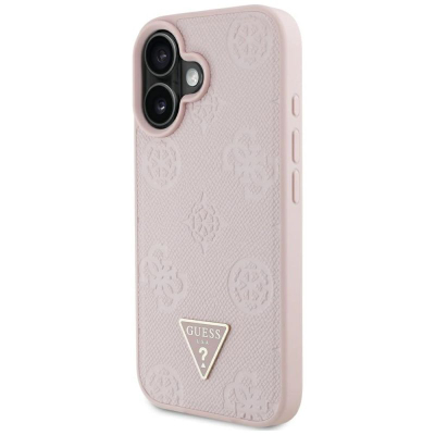 Заштитна маска Guess Grained Hot Stamp Peony Triangle Logo MagSafe за iPhone 16, компатибилна со MagSafe, светло розова