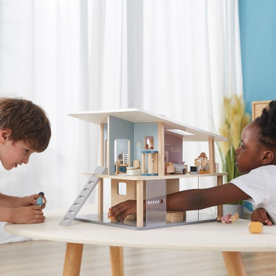 Set lodrash Viga Toys Wooden Dolls Doll Family, familje kukullash druri, duar dhe këmbë të lëvizshme, ngjyra pastel