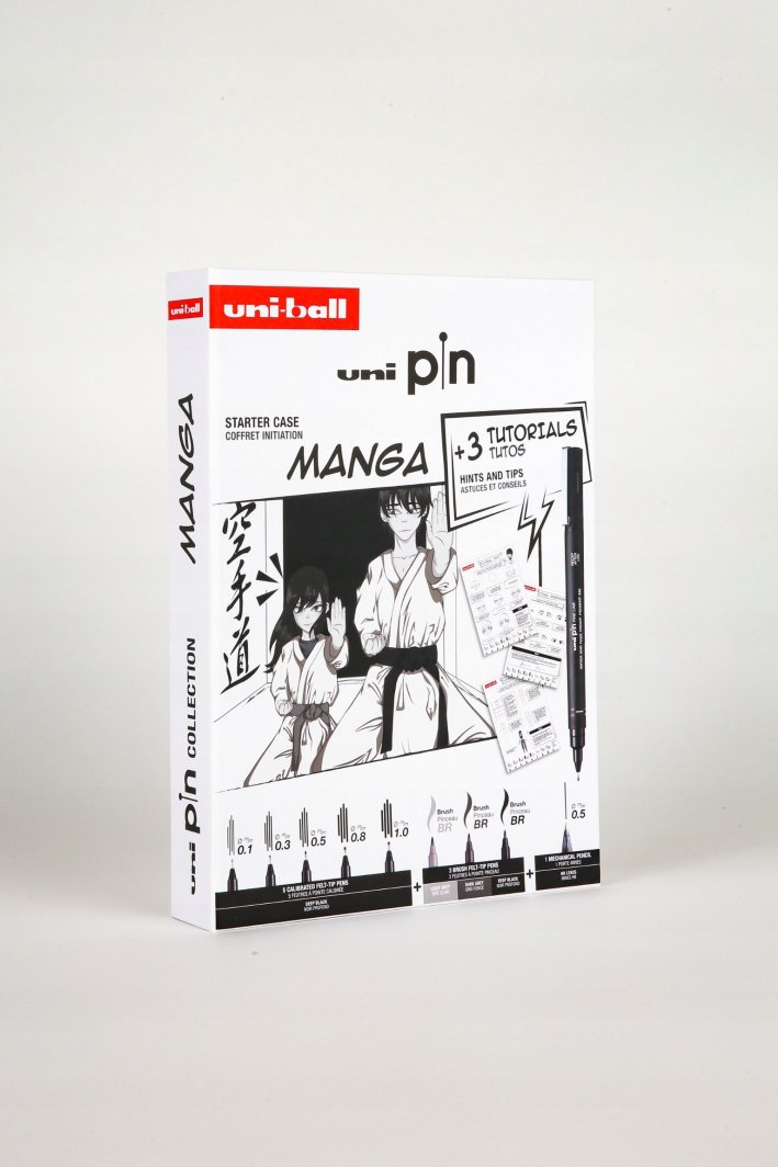 Set lapsash fineliner Uni-Ball Uni Pin Manga Starter Case, 12 copë, bojë e zezë, për vizatim