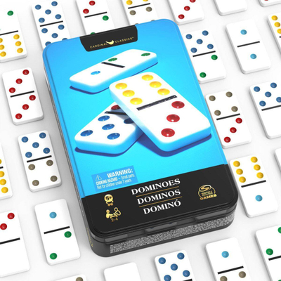 Lото домино Spin Master Double, сет 28 плочки, метална кутија, разновидни бои
