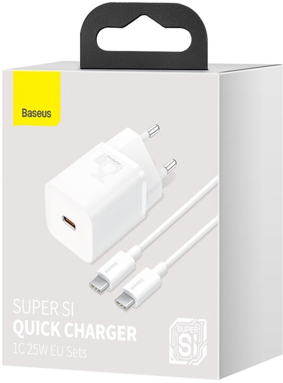 Karikues Baseus Super Si Quick 1C, USB-C, 25W, i bardhë + kabllo USB-C - USB-C, 3A, 1m, e bardhë
