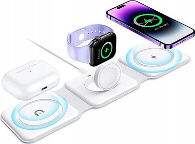 Karikues wireless 3 në 1 MagSafe, për iPhone Apple Watch AirPods, palosshëm, i bardhë