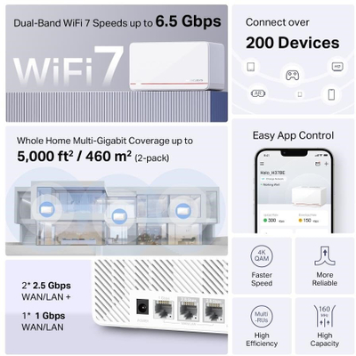 Sistem mesh WiFi Mercusys Halo H37BE, WiFi 7 BE6500, set me 3 copa, i bardhë