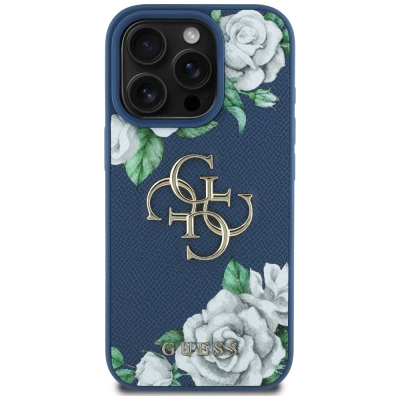 Mbrojtëse telefoni Guess Grained Roses Big 4G Logo për iPhone 16 Pro, kapak mbrapa, blu