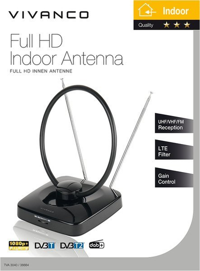 Antena e brendshme Vivanco TVA 3040, aktive DVB T T2, me filtër LTE, e zezë