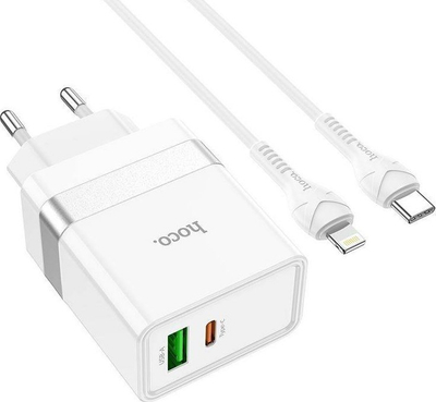Karikues muri Hoco N21, 30W, USB-A USB-C me kabllo Lightning, i bardhë