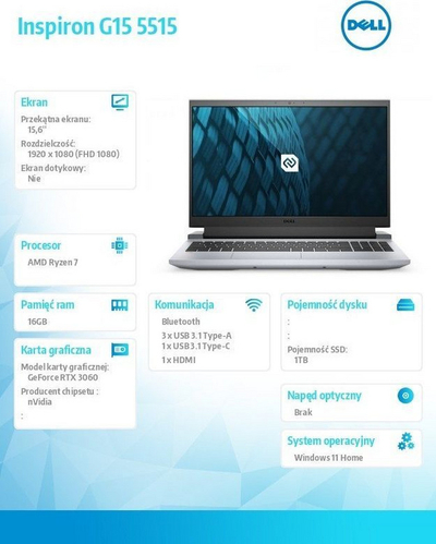 Laptop Dell Inspiron G15 5515, AMD Ryzen 7 5800H, 15.6”, 16 GB RAM, M.2 PCIe SSD 1 TB, i hirtë