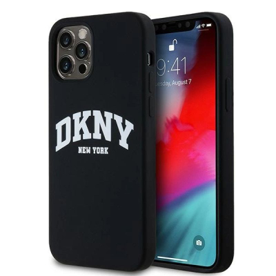 Futrollë telefoni DKNY Liquid Silicone Arch Logo MagSafe, për iPhone 12 12 Pro, silikoni, e zezë