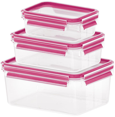 Set ena plastike Emsa Clip &amp; Close, 3 copë, 0.55L 1L 2.3L, ngjyrë vishnje