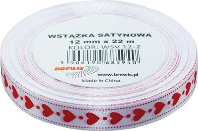 Shirit sateni dekorativ Brewis White Satin Ribbon Hearts, 12mm, 22m, i bardhë