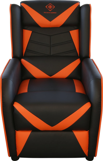 Karrige gaming Deltaco Gaming and Relax, lëkurë sintetike, mbajtëse këmbësh, e zezë me portokalli