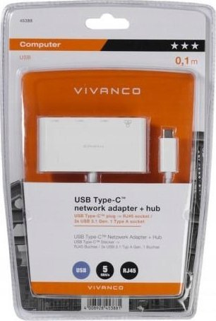 Adapter rrjeti USB C Vivanco 45388, USB 3.1 Gen 1, 3x USB A RJ45, i bardhë