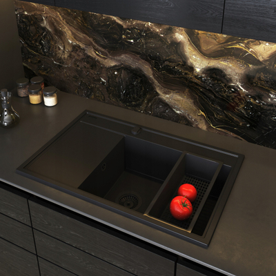 Lavabo graniti Pyramis Camea 79x50 1B1D R me rubinet Flexos, e zezë