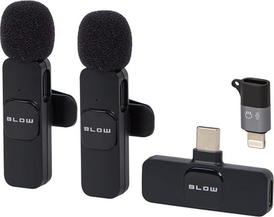 Mikrofon wireless USB C BLOW, set 2 copë, me marrës USB C, i zi