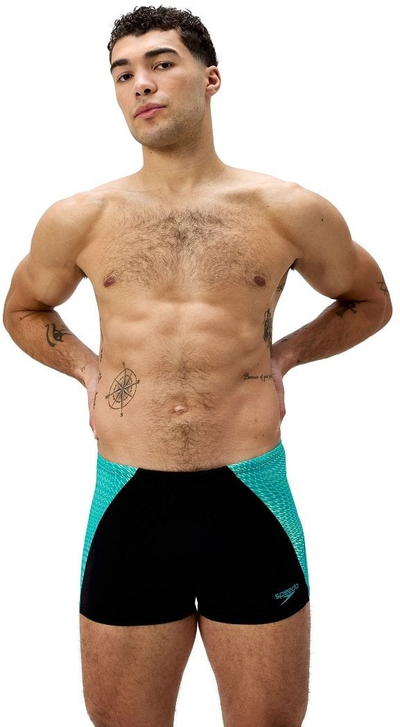 Rroba banje për burra Speedo Endurance+ MAX Aquashort, i qëndron klorit, thahet shpejt, e zezë me turkeze