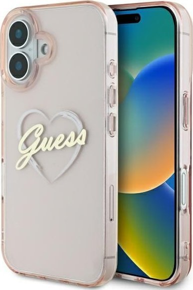 Mbulesë telefoni Guess GUHCP16SHCHGSPP, për iPhone 16 6.1", hardcase IML Heart, rozë