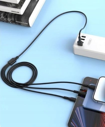 Kabllo karikimi XO NB230 3in1, USB në USB C MicroUSB Lightning, 1m, 2.4A, e zezë