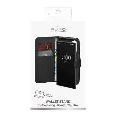 Kapak portofol Puro Wallet Case për Samsung Galaxy S25 Ultra, me vende për karta, me magnet, i zi