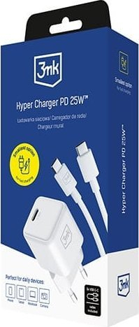 Ngarkues 3MK Hyper Charger PD, 25W, me kabllo USB C, i bardhë