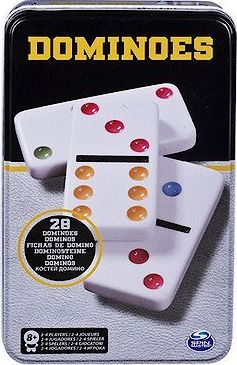 Loja me domino Double 6 për tavolinë, 28 pllaka, pika me ngjyra, kuti metalike e zezë