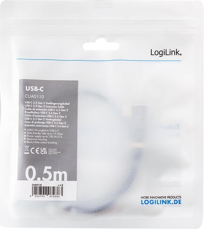 Kabllo zgjatëse USB C LogiLink CUA0110, USB 3.2 Gen 2, 0.5 m, e zezë