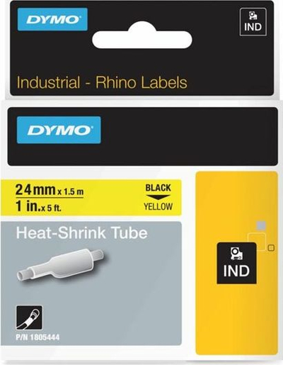 Kasetë etiketash DYMO Rhino Industrial Heat-Shrink, 24mm x 1.5m, print i zi mbi të verdhë