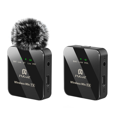 Mikrofon wireless lavalier Puluz, 1 TX 1 RX, për kamera dhe telefona, i zi