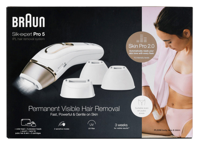 Epilator IPL Braun Silk Expert Pro 5 PL5356, për trup dhe fytyrë, i bardhë ari