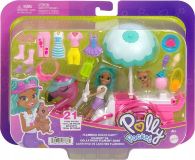 Set lojërash Polly Pocket Flamingo Snack Cart HWP24, me kukull 7.5cm, aksesorë, rozë
