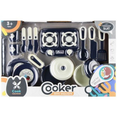 Set enësh kuzhine lodër Mega Creative Cooker, pianurë dyfishe, për fëmijë 3+, blu e bardhë