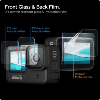 Mbrojtëse ekrani Spigen GlasTR Slim për GoPro Hero 12 11 10 9, xham i fortë i temperum, paketë me disa copë