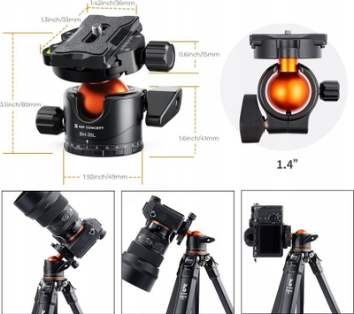 Kokë tripod-i K&amp;F CONCEPT BH-35L, 3D ball head, 15 kg, alumini, e zezë